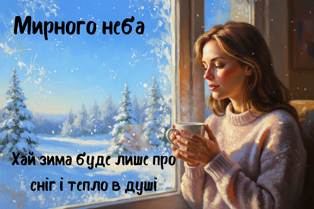 Жінка з чашкою дивиться у вікно на засніжений пейзаж