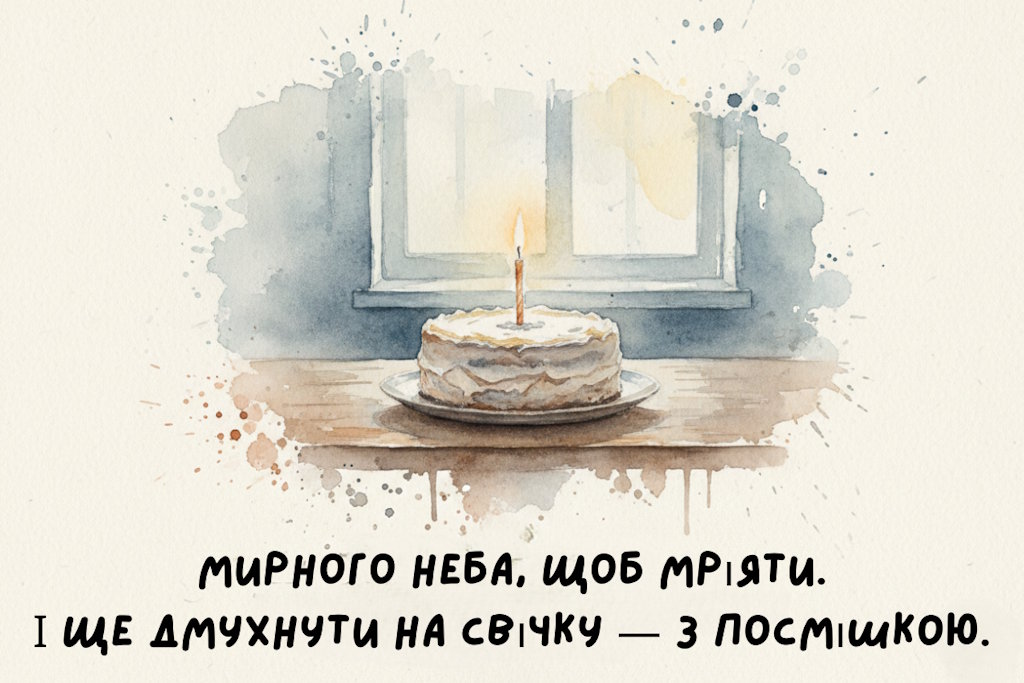 Торт зі свічкою на столі біля вікна та побажання мирного неба