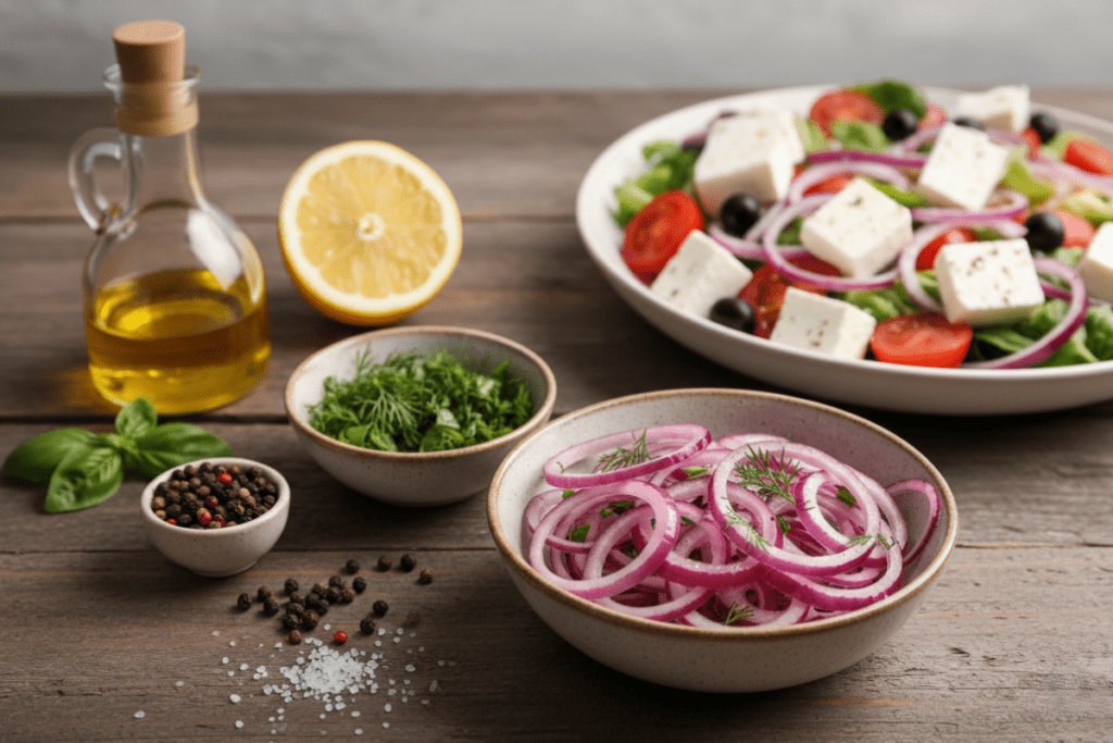 Грецький салат із фетою, томатами, оливками та кільцями червоної цибулі