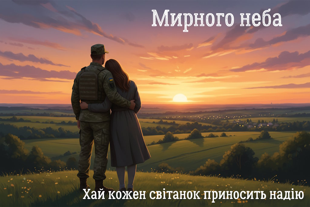 Військовий обіймає жінку на тлі заходу сонця