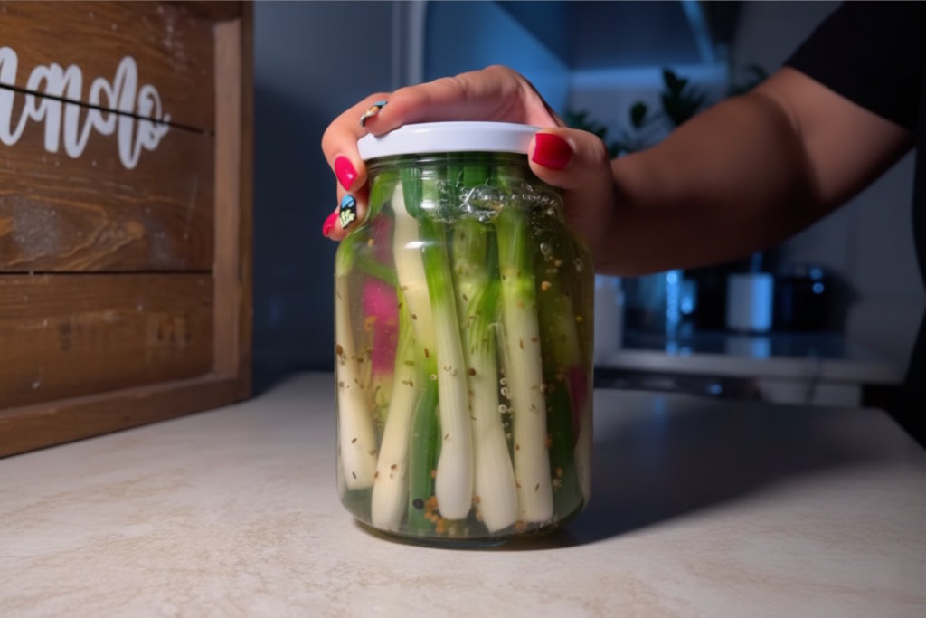 Банка з маринованою зеленою цибулею в руках жінки