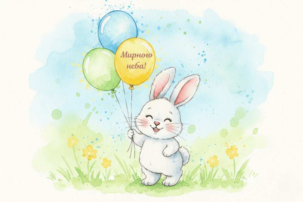 Милий зайчик тримає кульки з побажанням мирного неба