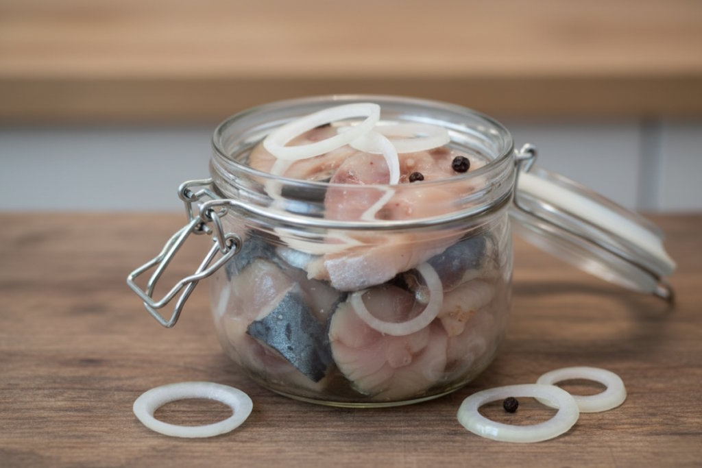 Маринований оселедець з кільцями цибулі в банці