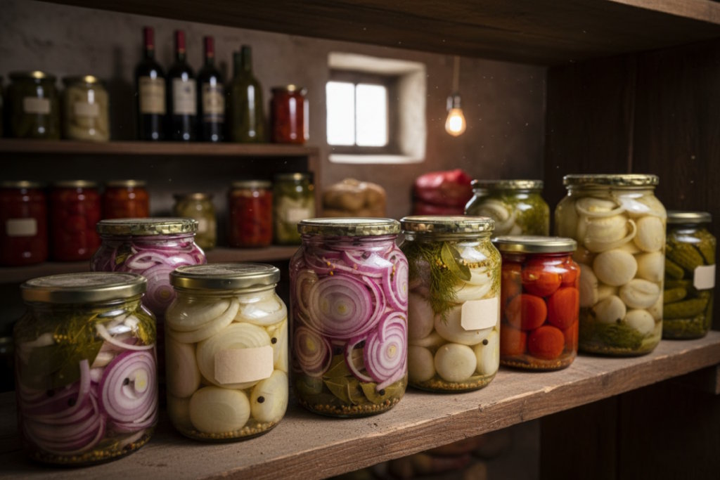 Полиця з різними банками маринованих овочів, у центрі – кілька видів цибулі