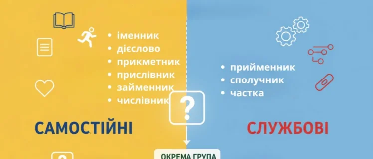 Візуальна схема з поділом частин мови на самостійні та службові