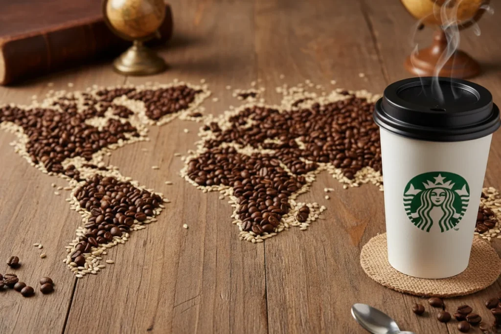 Карта світу з кавових зерен та стакан Starbucks на дерев’яному столі