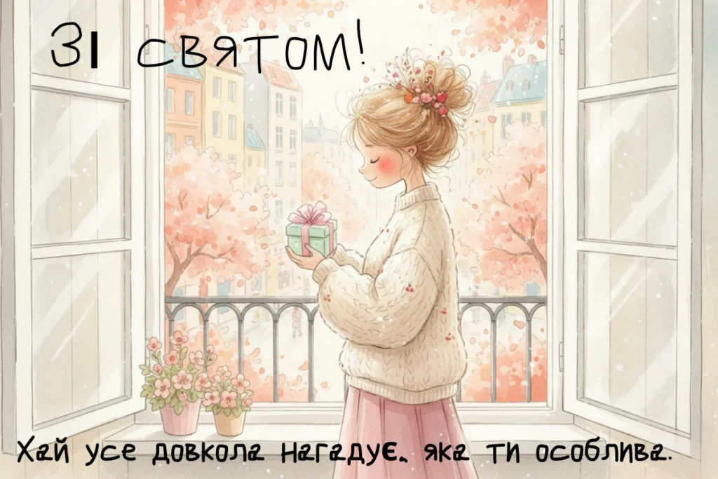 Листівка з дівчиною, яка стоїть на балконі й тримає подарунок
