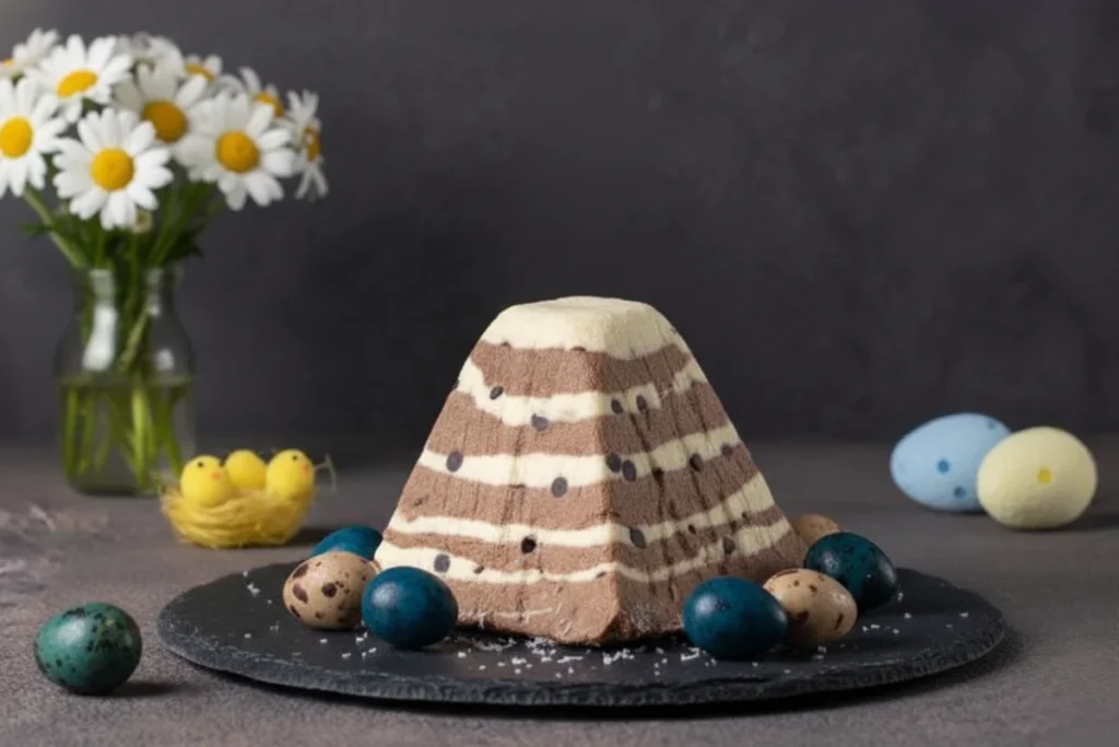 Сирна паска з шоколадними шарами та великодніми яйцями поруч