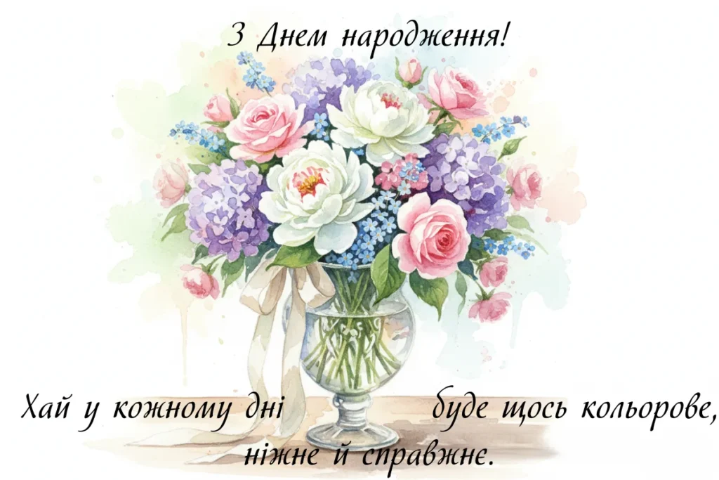 Ніжний акварельний букет квітів у скляній вазі з теплими побажаннями