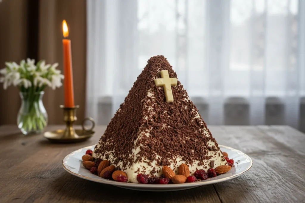 Сирна паска з шоколадною стружкою та хрестиком на святковому столі