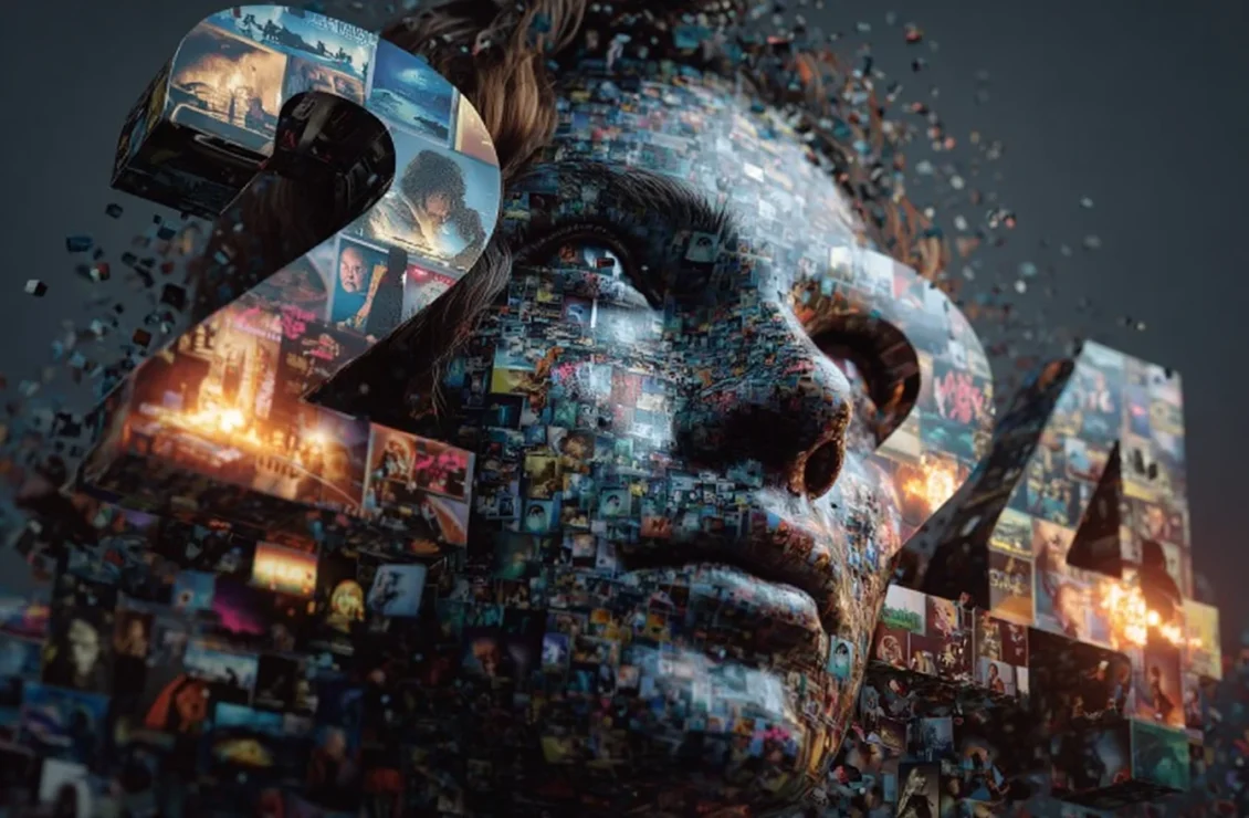 Обличчя людини, зібране з фрагментів кіно та постерів фільмів 2024 року