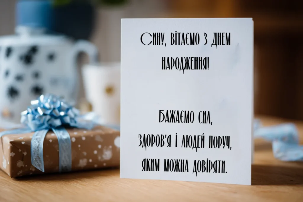 Листівка з подарунком і текстом привітання для сина