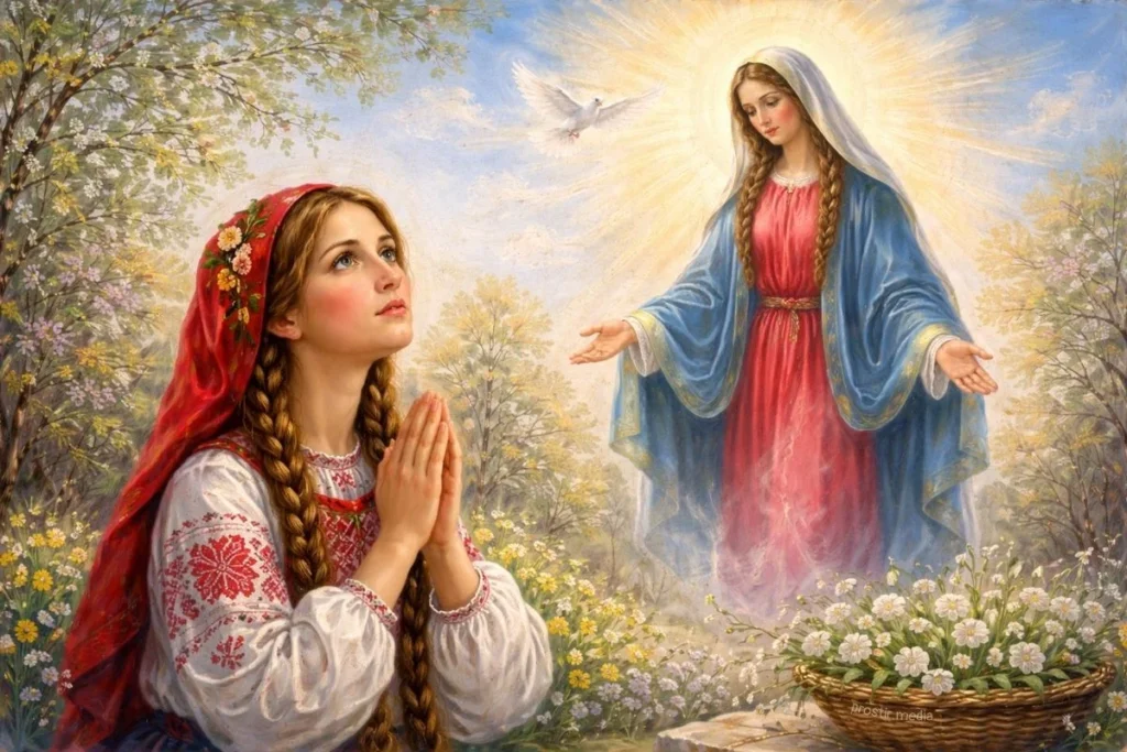 Дівчина молиться до Пресвятої Богородиці на Благовіщення