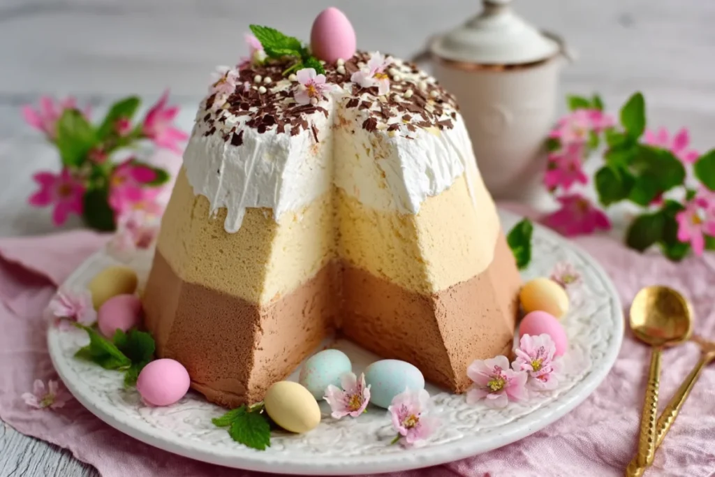 Тришарова сирна паска з кремом, яйцями та весняним декором