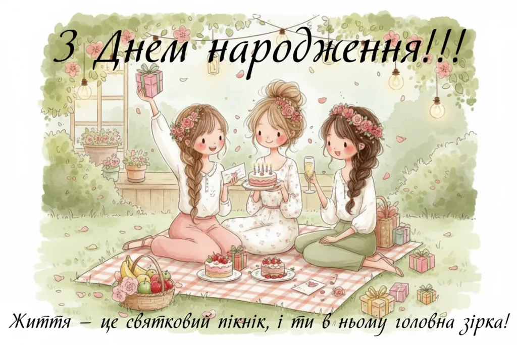Ілюстрація трьох дівчат на святковому пікніку з тортами й подарунками