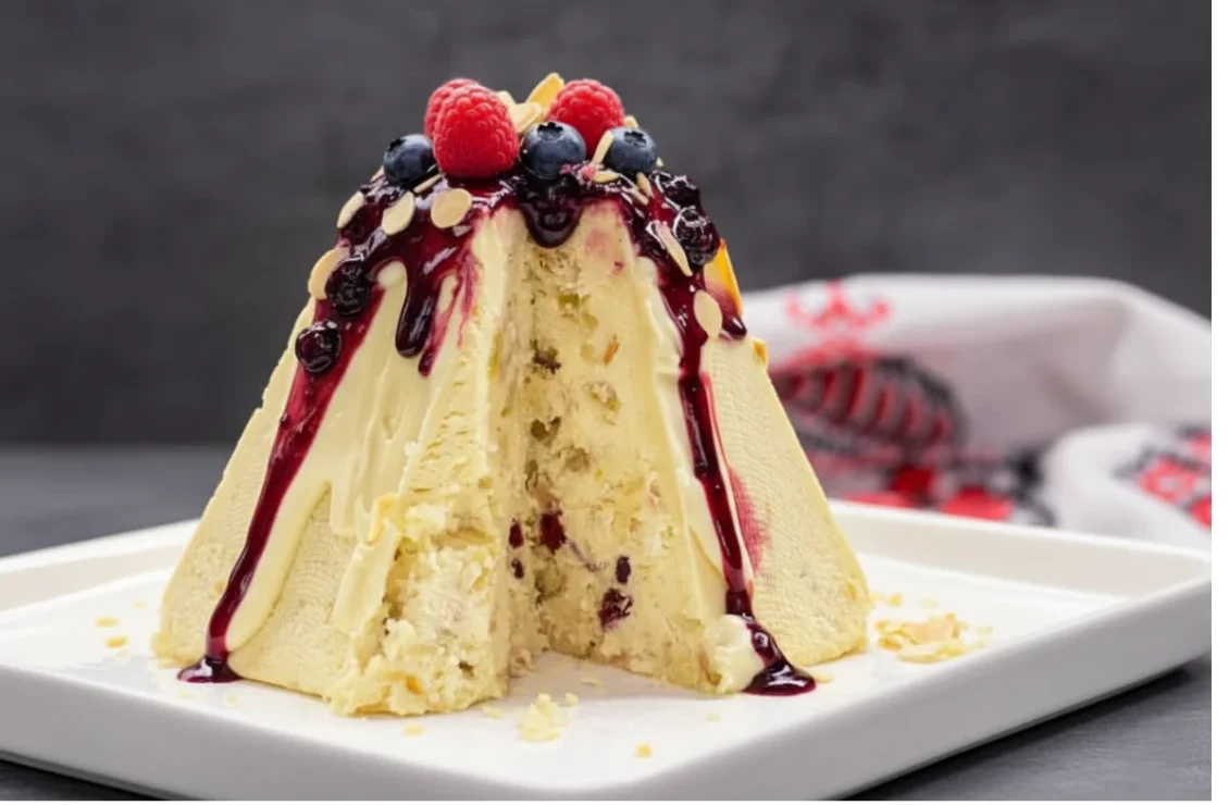 Розрізана сирна паска з ягідним соусом і свіжими ягодами зверху