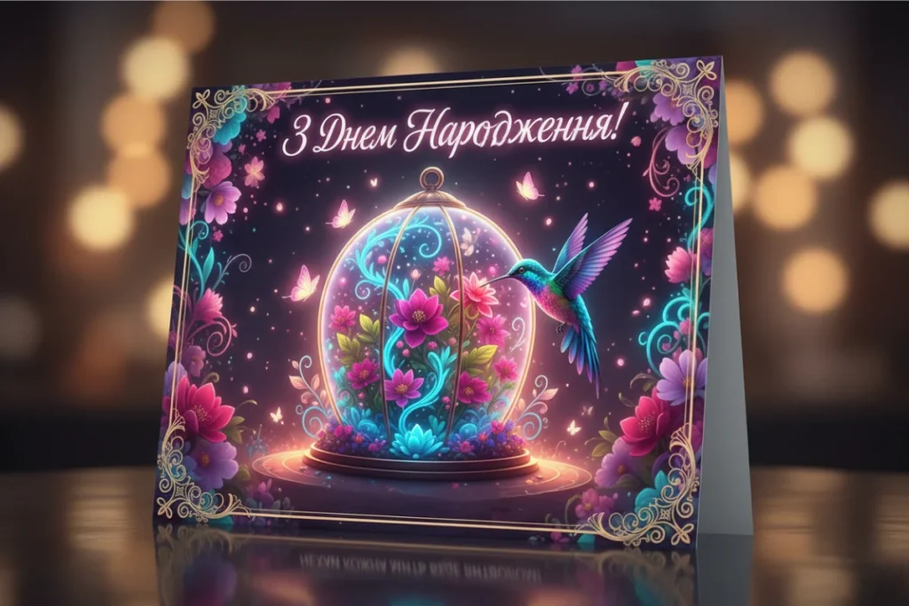 Яскрава листівка з чарівною пташкою, квітами та блискітками