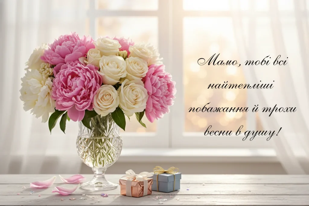 Святковий букет троянд і півоній із листівкою для мами на фоні вікна