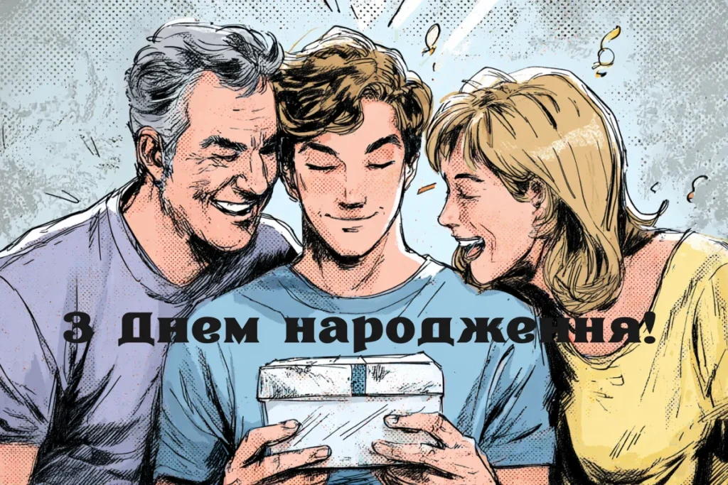 Ілюстрація батьки вітають сина з подарунком на день народження