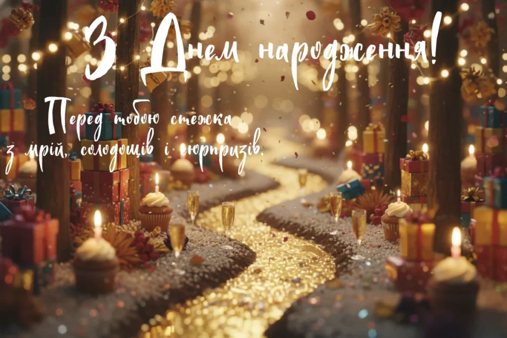 Казкова доріжка зі святковими вогниками, подарунками та солодощами