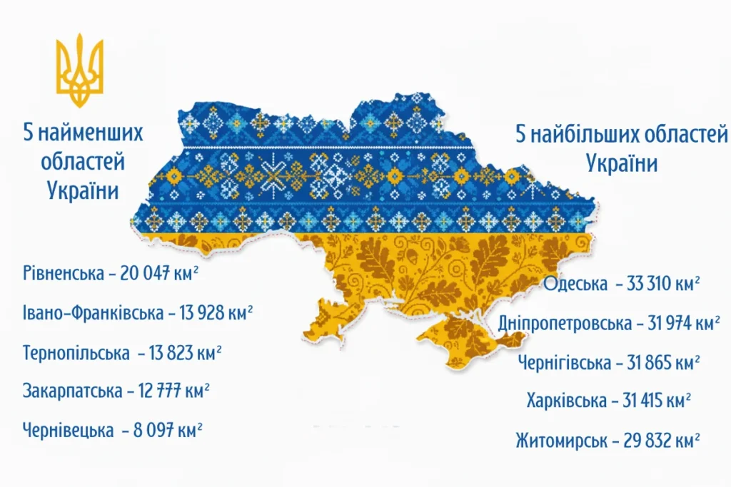 Інфографіка з картою України та списком 5 найбільших і найменших областей за площею