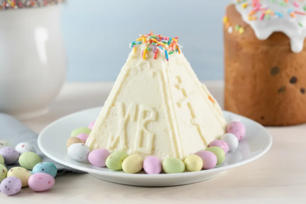 Класична сирна паска з написом ХВ і кольоровими яйцями навколо