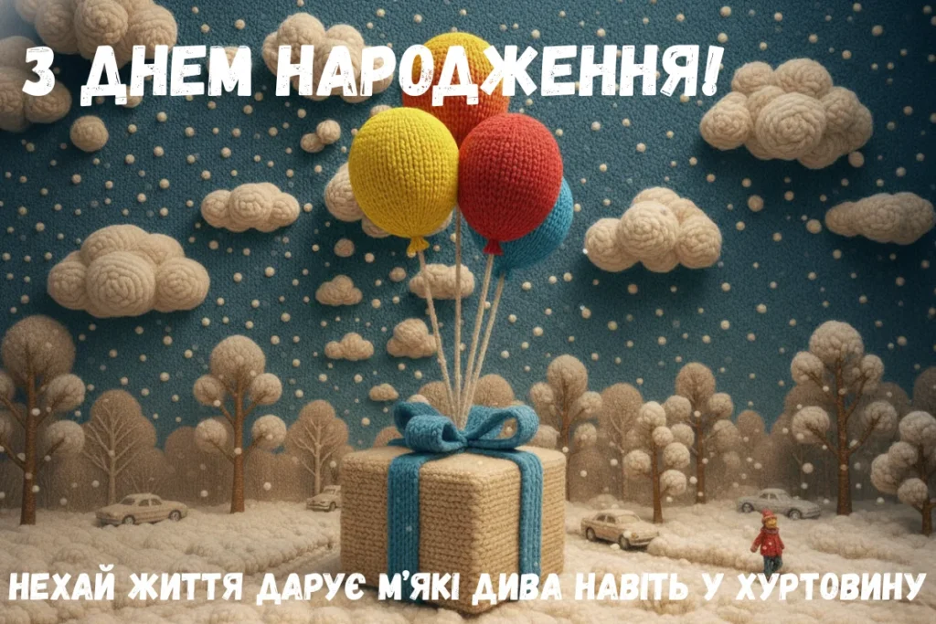 Листівка з повітряними кульками над подарунком у в’язаному стилі