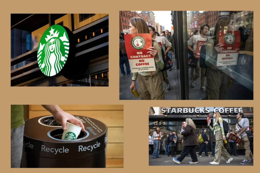 Колаж із логотипом Starbucks, протестами працівників і темою утилізації стаканів
