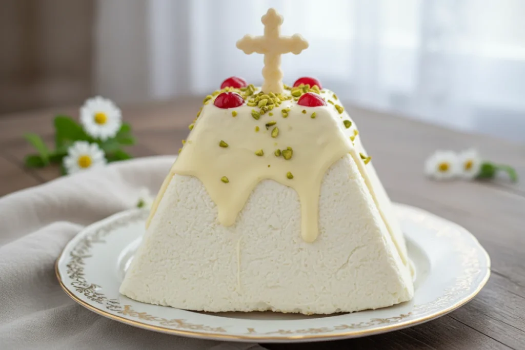 Сирна паска з білою глазур’ю та горіхами на тарілці