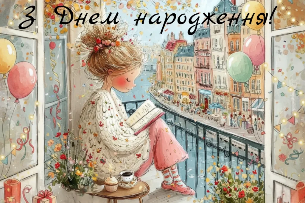 Дівчина читає книжку на балконі, навколо святкова атмосфера з кульками й подарунками