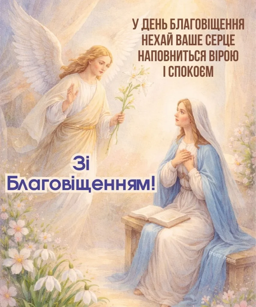 Архангел та Божа матінка у день Благовіщення