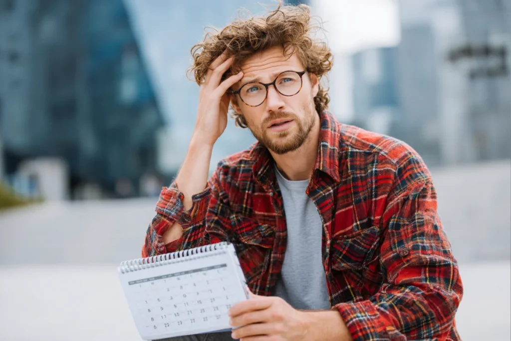 Чоловік тримає календар і думає про дату