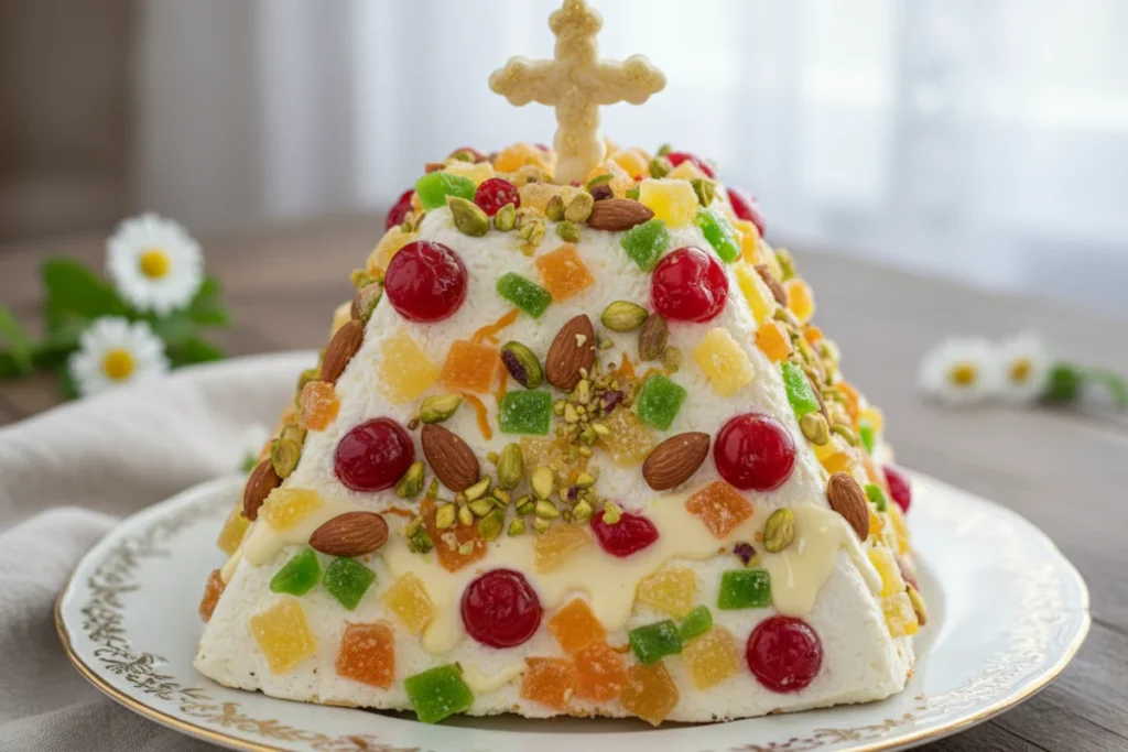 Святкова сирна паска з цукатами, горіхами та глазур’ю