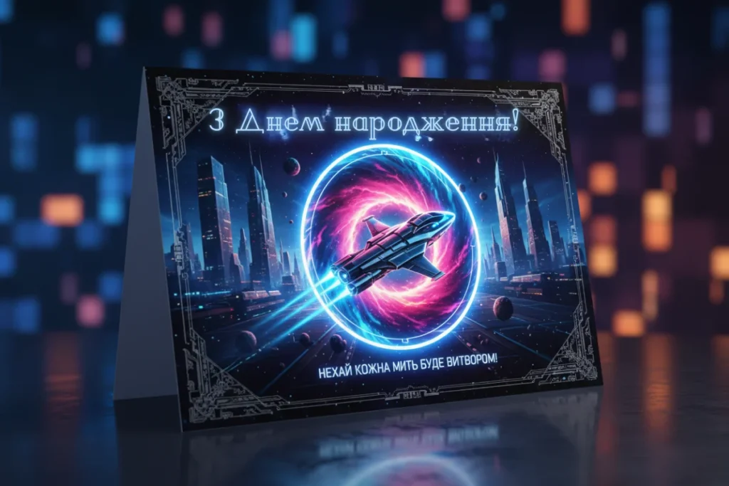 Космічна листівка з зорельотом і неоновим порталом на тлі нічного мегаполіса