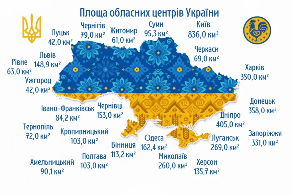 Карта України з інфографікою площ обласних центрів