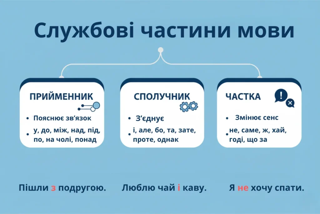 Інфографіка про службові частини мови в українській мові