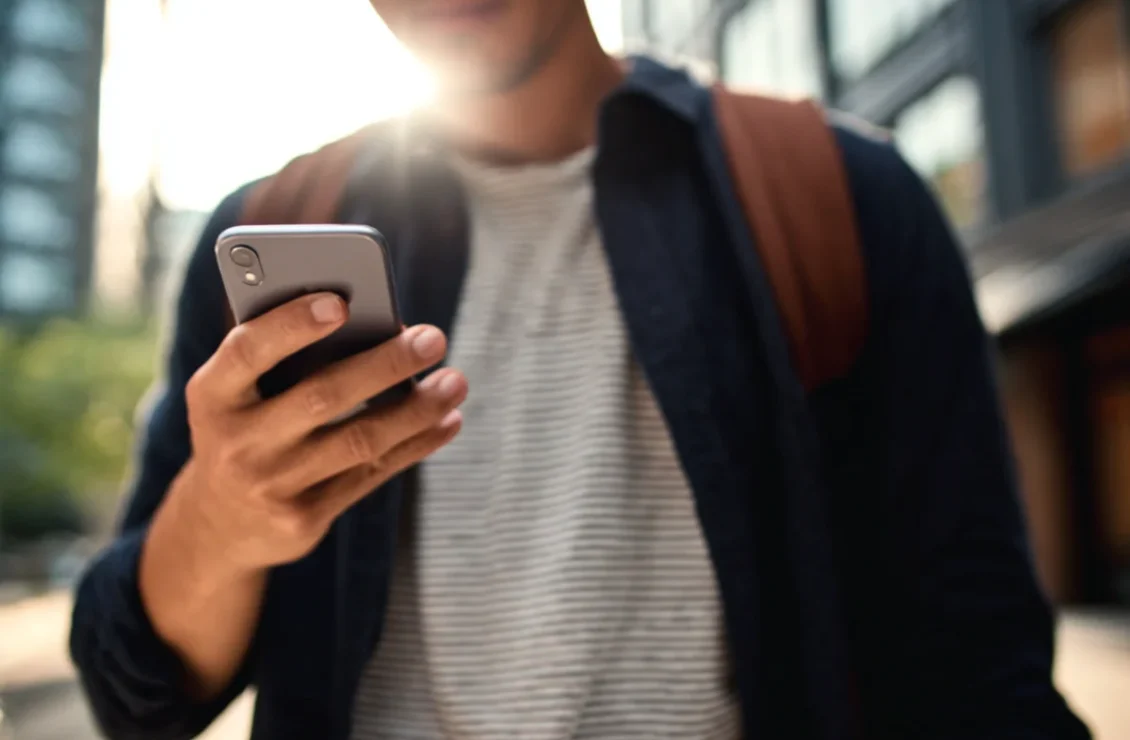 Чоловік дивиться в Айфон, тримаючи телефон однією рукою