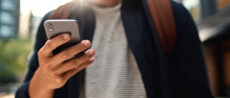 Чоловік дивиться в Айфон, тримаючи телефон однією рукою