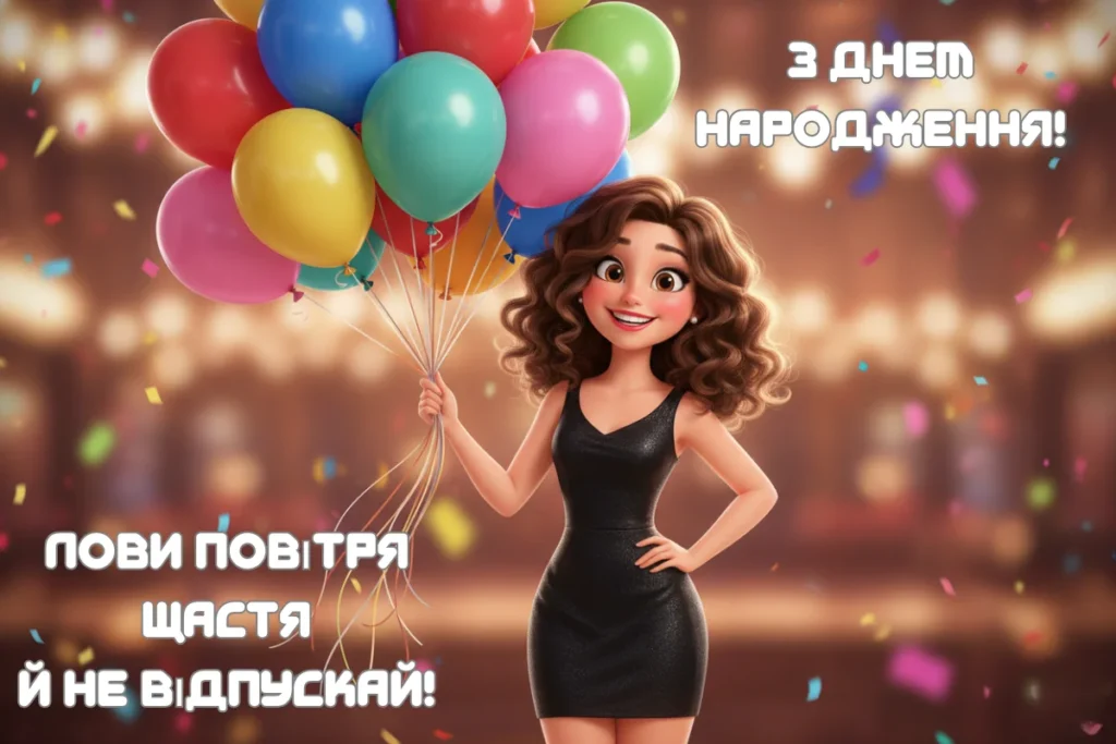 Анімаційна дівчина в чорній сукні тримає яскраві повітряні кульки на фоні свята