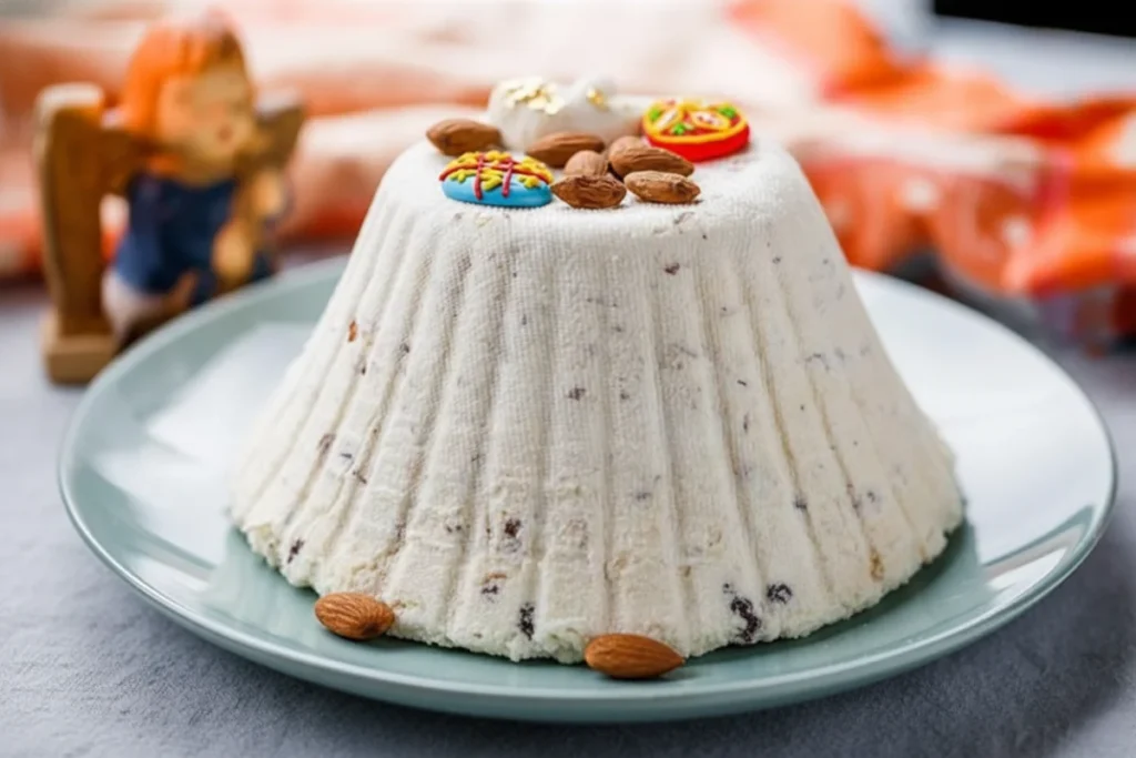 Домашня сирна паска з родзинками та горіхами на тарілці
