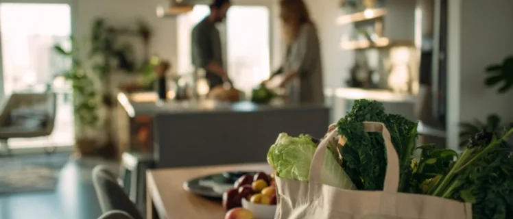Еко-сумка з овочами на кухонному столі, люди готують їжу на кухні