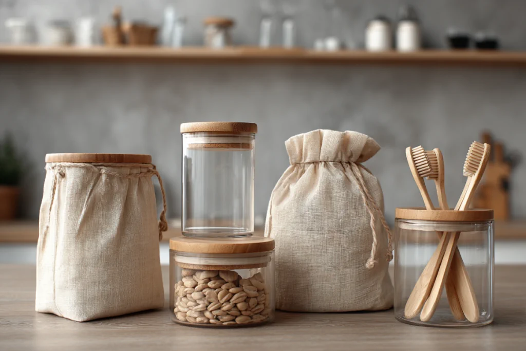 Банки, тканинні мішечки та бамбукові зубні щітки 