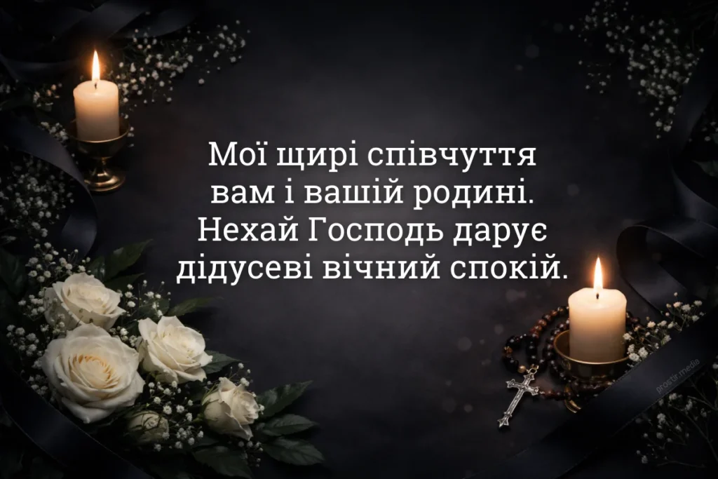 Білі троянди із чорною стрічкою, дві свічки та хрестик