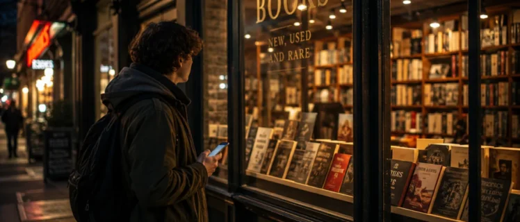 Хлопець з смартфоном у руках дивиться на книжкову вітрину 