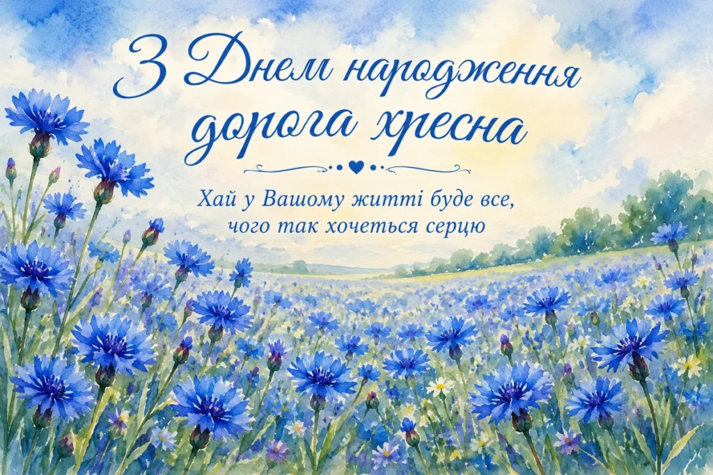 Акварельне волошкове поле з словами привітань для хрещеної