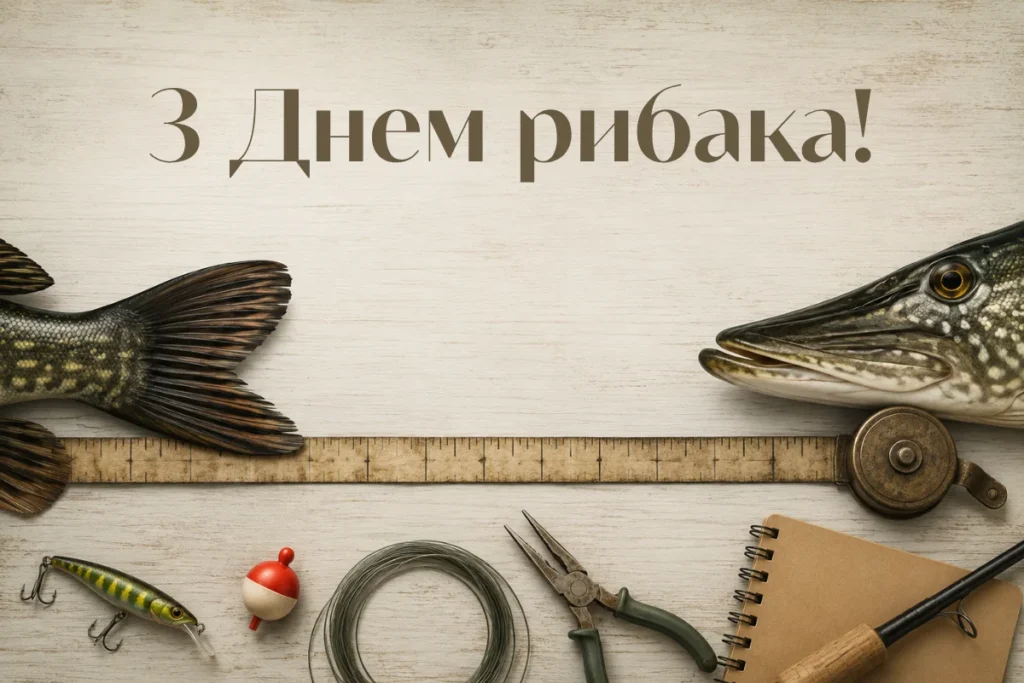 Рибальська листівка з щукою та снастями