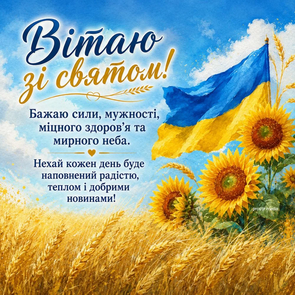 Прапор України та соняшники серед пшеничного поля