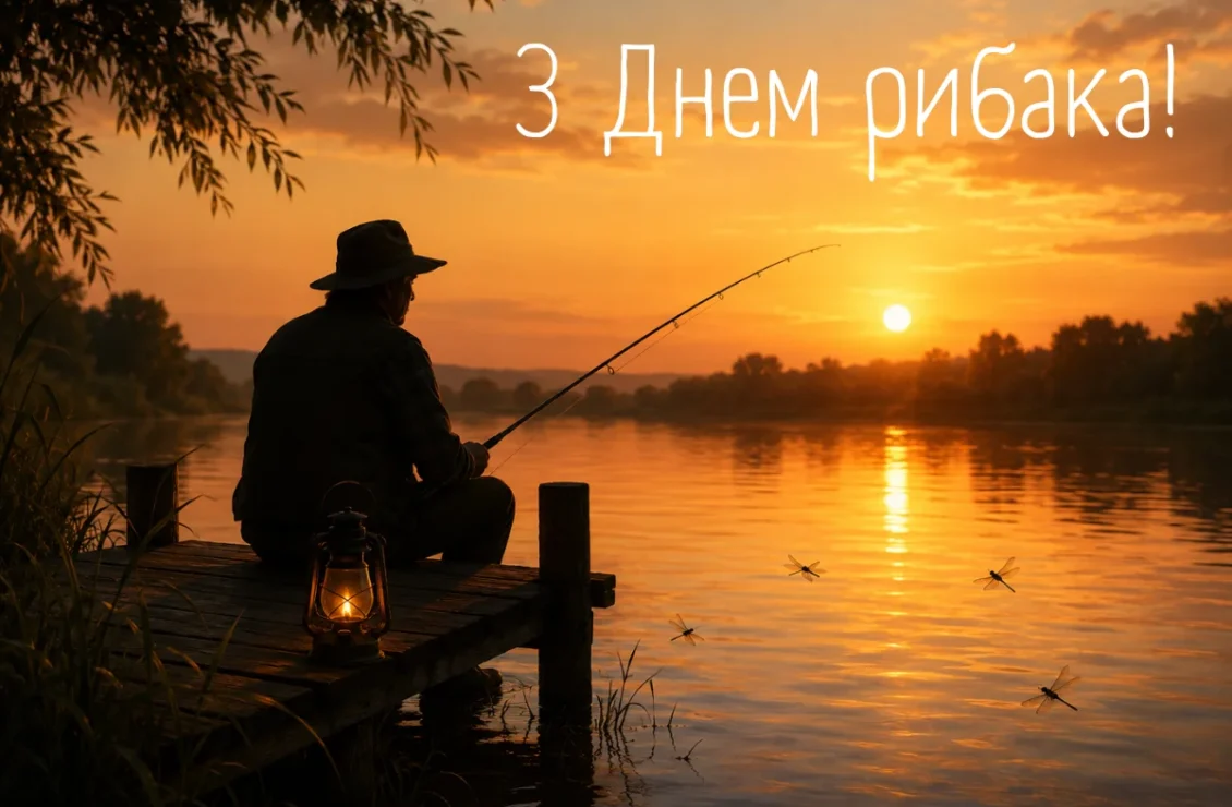 Рибалка на заході сонця з написом