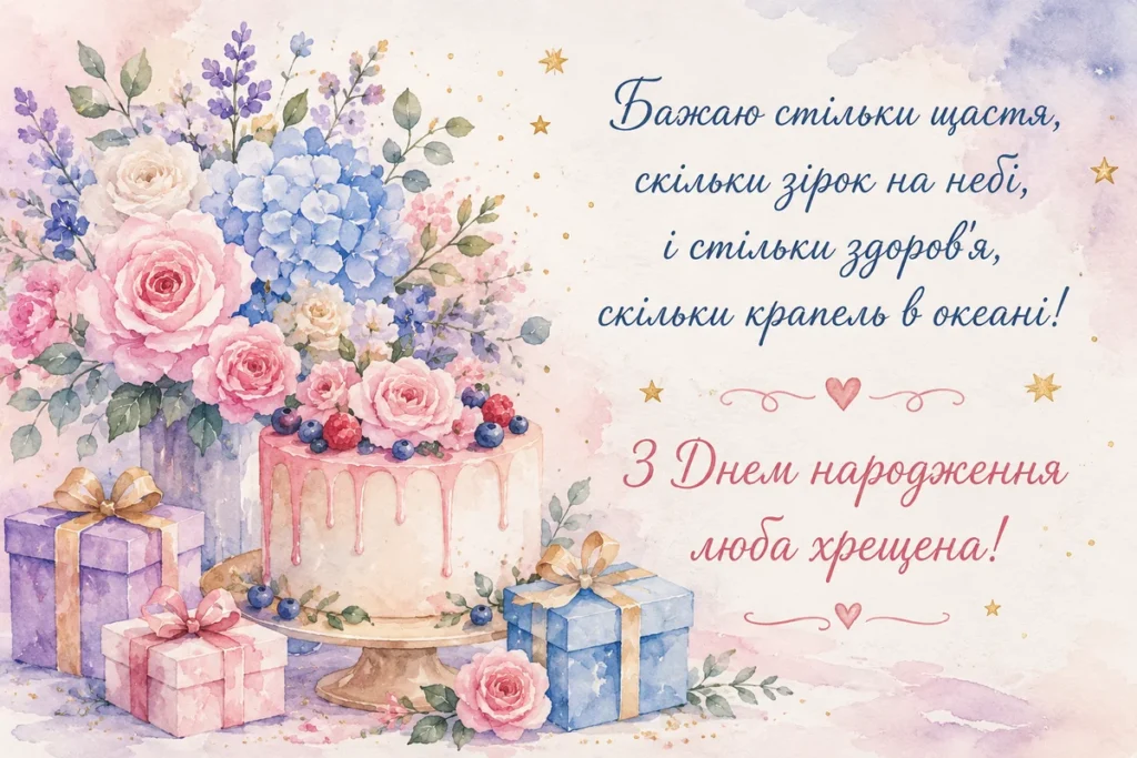 Святковий торт, квіти та подарунки для хрещеної