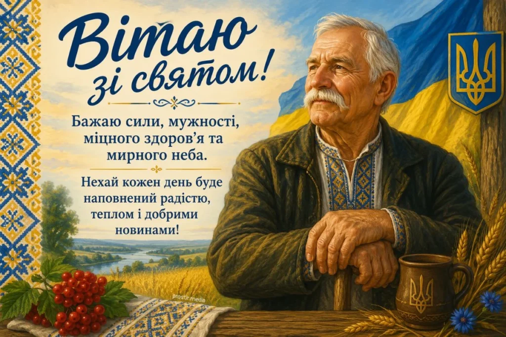 Дідусь у вишиванці серед українських символів